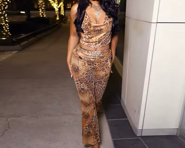 Women Sexy Leopard Halter Sleeveless Two Piece Pant Set