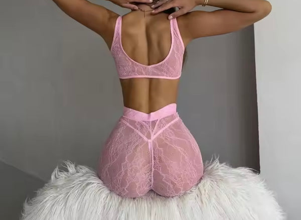 Women Pink Sleeveless Sexy Lace Three Piece Lingerie Set