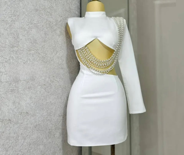 Women Sexy One Shoulder Full Sleeve Cut Out Pearl White Dress