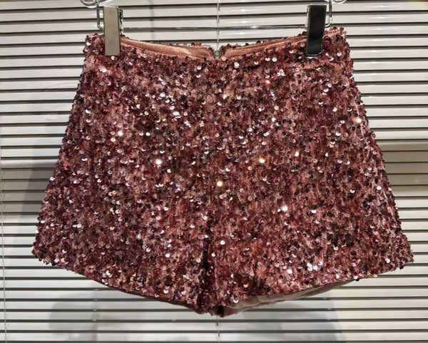 Women Pink Sequins Rhinestone Bow Sleeveless Two Piece Short Set