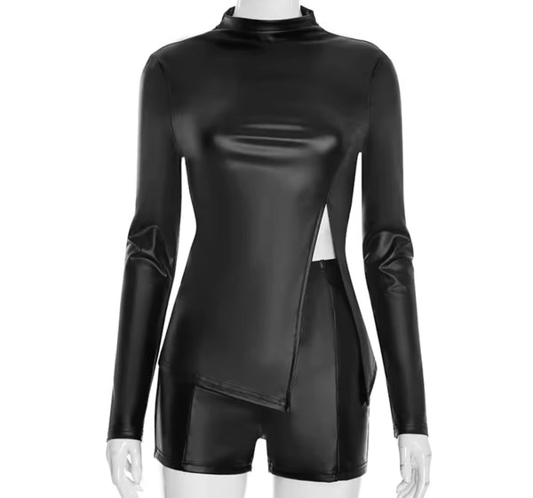 Women Fashion Faux Leather Full Sleeve Two Piece Short Set