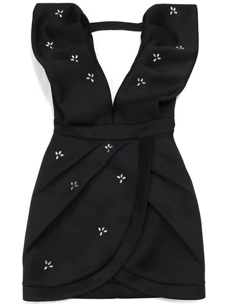 Women Sexy V-Neck Short Sleeve Bling Patchwork Dress