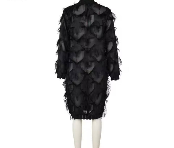 Women Sexy Black Full Sleeve Fringe See Through Dress