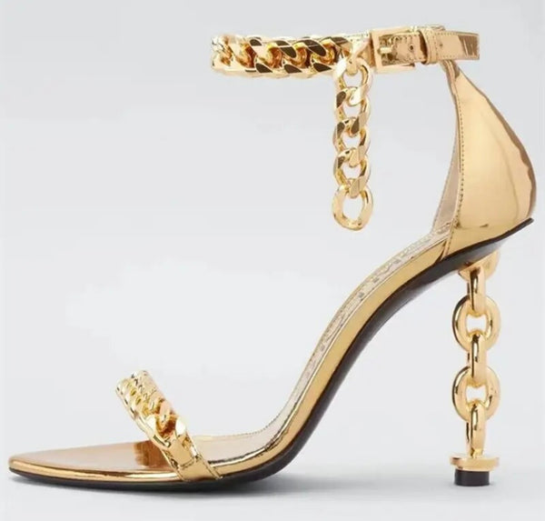 Women Open Toe Gold Heel Fashion Chain Sandals