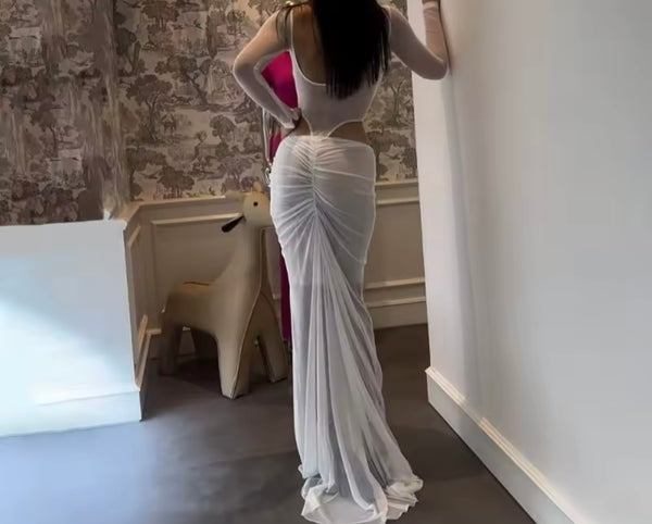 Women Sexy Solid Color Mesh Full Sleeve Bodysuit Two Piece Maxi Skirt Set