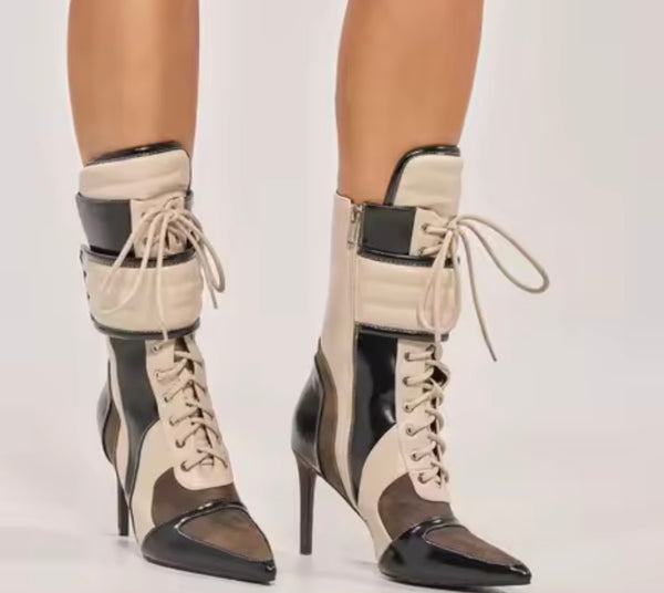 Women Color Patchwork Pointed Toe High Heel Strap Ankle Boots