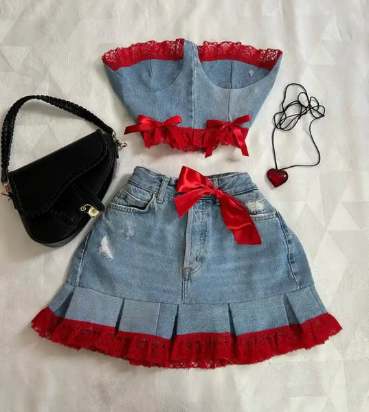 Women Sexy Strapless Denim Red Lace Patchwork Two Piece Skirt Set