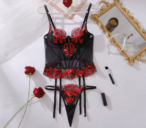 Women Black Sexy Red Rose Print Mesh Lingerie Set