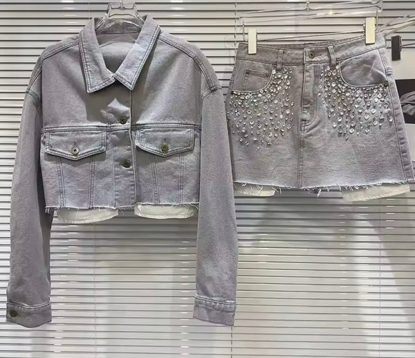 Women Gray Rhinestone Denim Jacket Two Piece Skirt Set