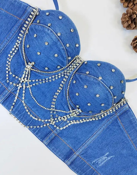 Women Sleeveless Rhinestone Fashion Denim Crop Top