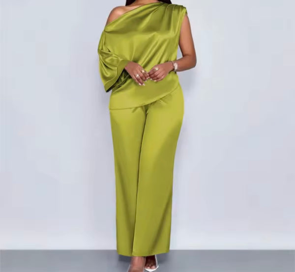 Women Color Slope Neck Short Sleeve Two Piece Satin Pant Set