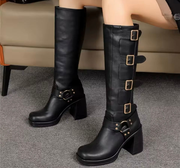 Women Color Fashion Square Toe Buckled Knee High Boots