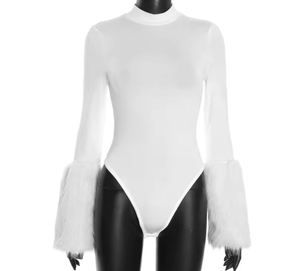 Women Fur Full Sleeve Bodysuit Fashion Two Piece Skirt Set