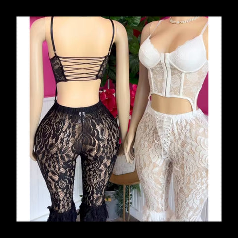 Women Sexy Sleeveless Lace Two Piece Capri Pant Set