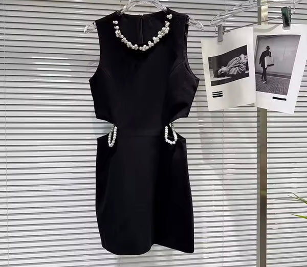 Women Elegant Beaded Cut Out Sleeveless Dress