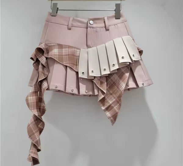 Women Color Patchwork Plaid Pleated Fashion Skirt