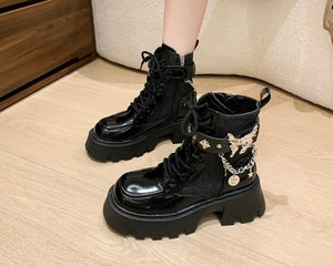 Women Fashion Butterfly Chain Lace Up Ankle Boots