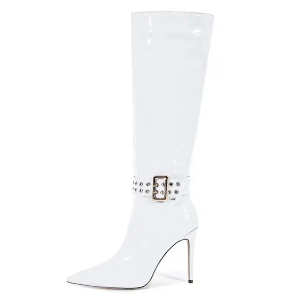 Women Fashion Patent Leather Buckled Knee High Boots