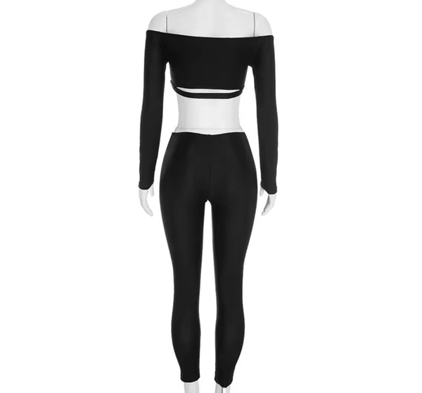 Women Off The Shoulder Cut Out Full Sleeve Crop Two Piece Pant Set