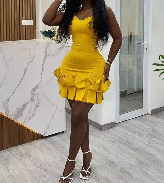 Women Sexy Sleeveless Ruffled Yellow Tie Open Back Dress