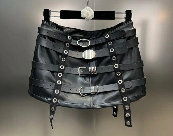 Women Faux Leather Fashion Jacket Two Piece Buckled Skirt Set