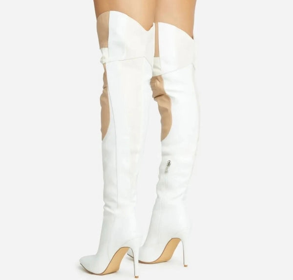 Women Pointed Toe Color Patchwork Over The Knee High Heel Boots