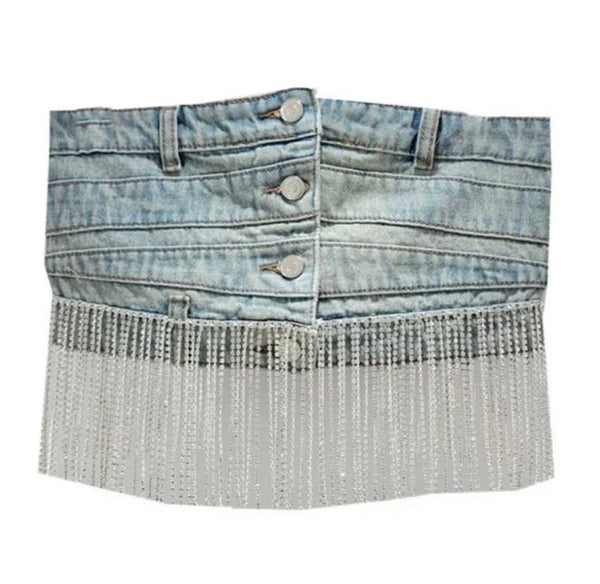 Women Fashion Button Up Strapless Tassel Denim Crop Top