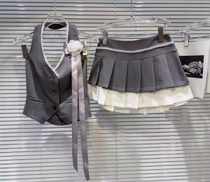 Women Halter Sleeveless Color Patchwork Two Piece Pleated Skirt Set