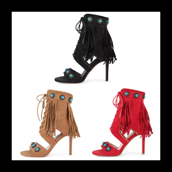 Women Open Toe Rivet Fringe Lace Up High Heel Ankle Boots