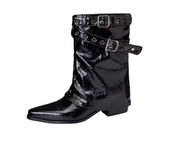 Women Fashion Patent Leather Buckled Ankle Boots