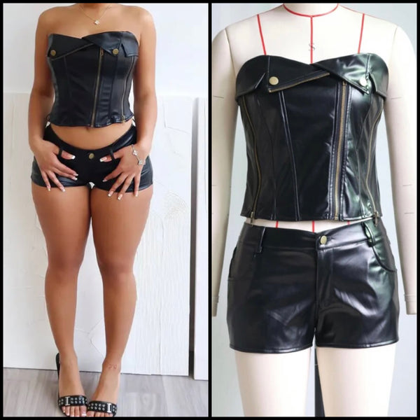 Women Black Sexy Strapless Faux Leather Zipper Two Piece Short Set