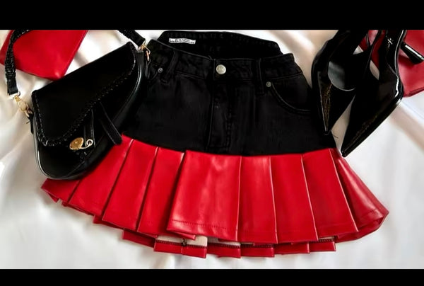 Women Faux Leather Denim Color Patchwork Two Piece Skirt Set