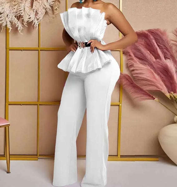 Women Sexy Pleated Strapless Color Jumpsuit