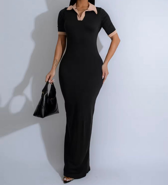 Women Color Patchwork Collar Short Sleeve Sexy Maxi Dress