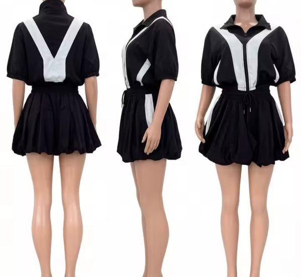Women Striped Zip Up Short Sleeve Two Piece Bubble Skirt Set
