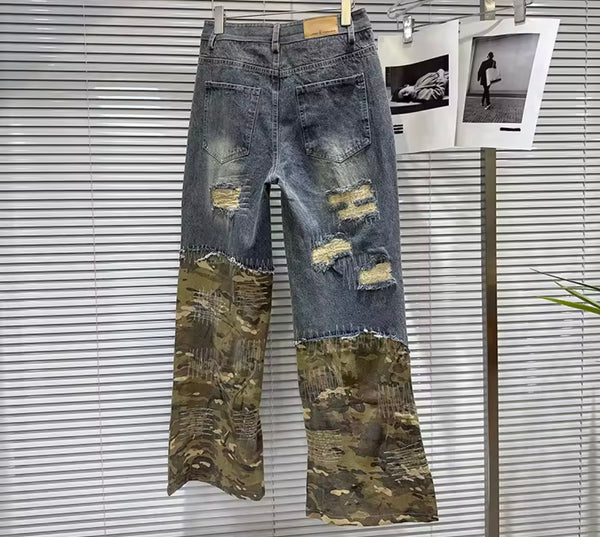 Women Fashion Blue Ripped Camouflage Denim Pants