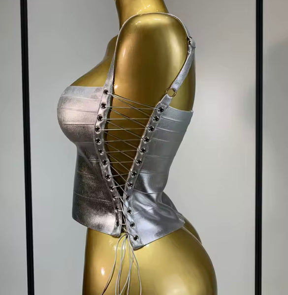Women Tie Up Sleeveless Faux Leather Fashion Top