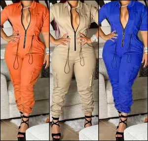 Women Color Zip Up Drawstring Fashion Jumpsuit