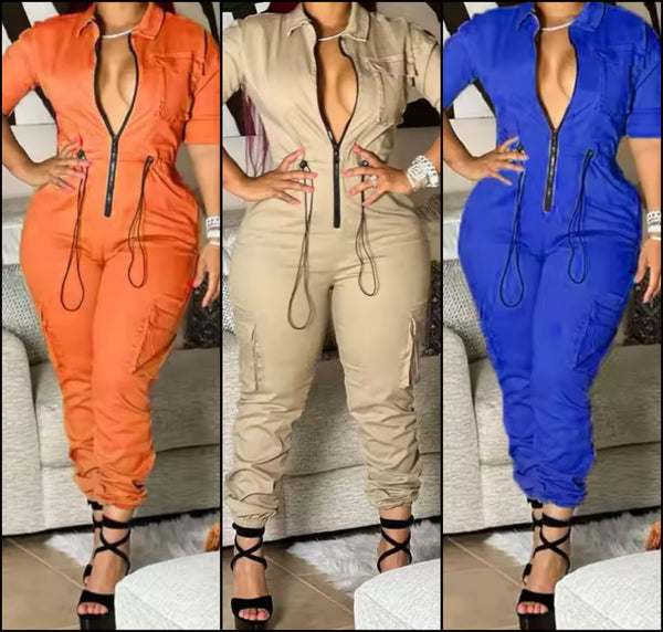 Women Color Zip Up Drawstring Fashion Jumpsuit