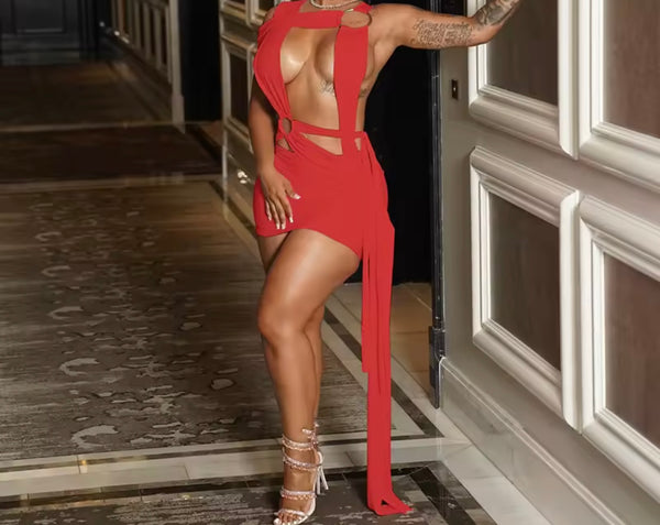 Women Sleeveless Sexy Cut Out Color Dress