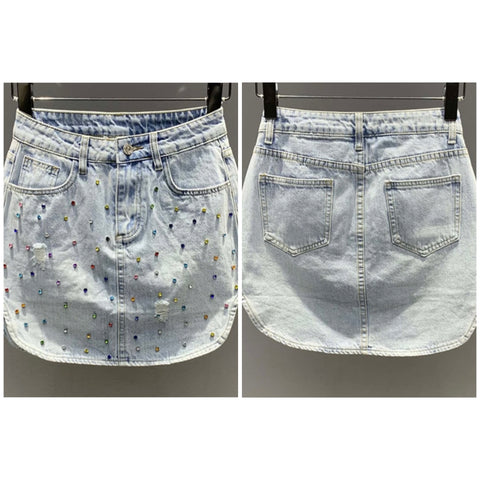 Women Fashion Colorful Rhinestone Denim Skirt