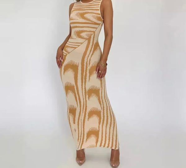 Women Sexy Sleeveless Color Patchwork Printed Maxi Dress