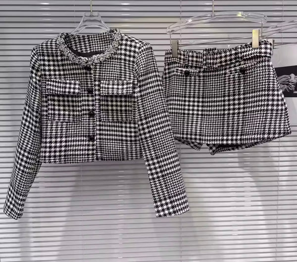 Women Fashion Plaid Button Up Blazer Two Piece Wrap Short Set