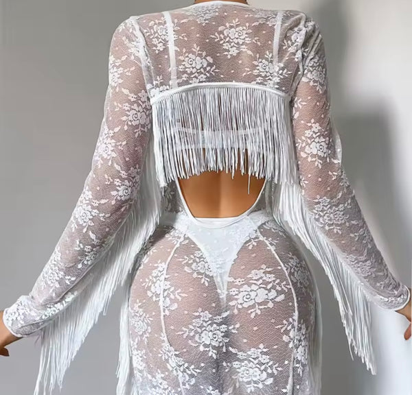 Women Sexy White Lace Tassel Lingerie Set