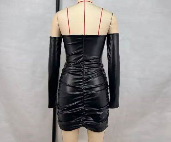 Women Black Sexy Off The Shoulder Faux Leather Full Sleeve Dress
