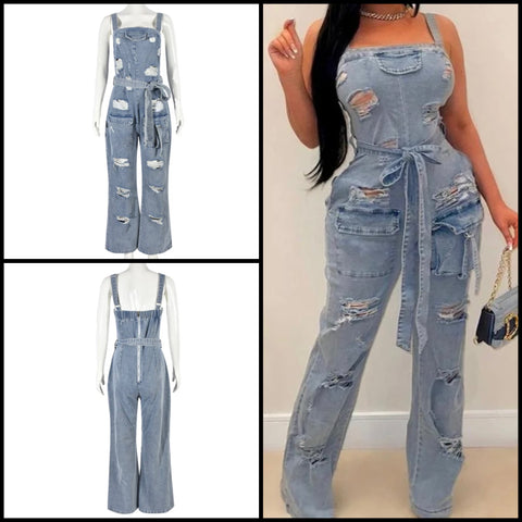 Women Fashion Sleeveless Ripped Denim Jumpsuit