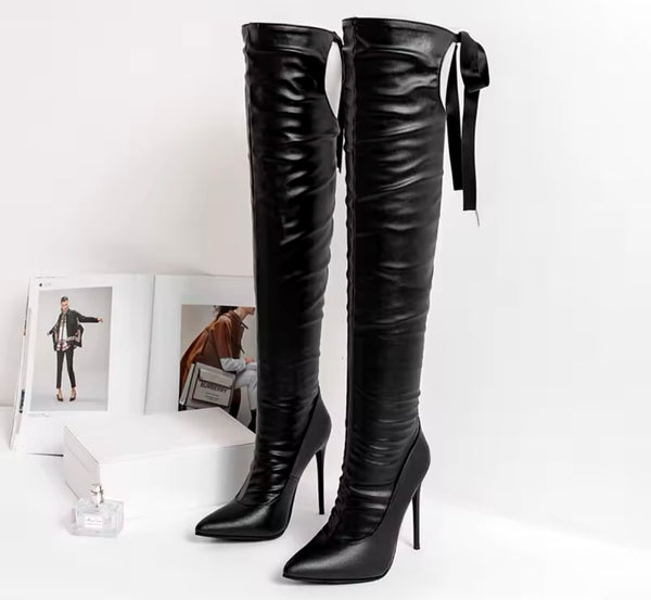 Women Fashion Black Pointed Toe Cut Out Tie Up Knee High Boots