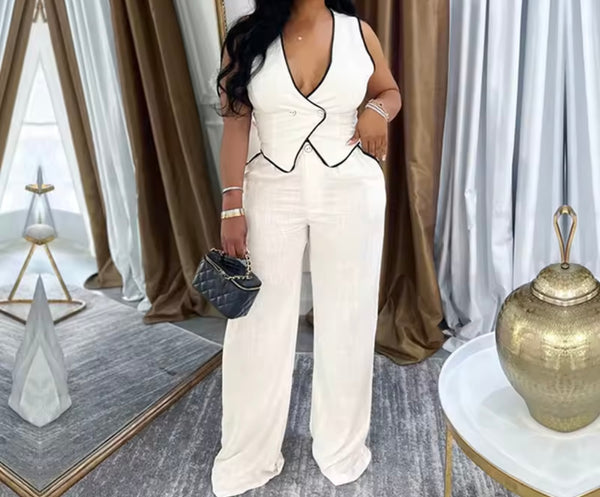 Women Fashion Sleeveless Striped Vest Two Piece Pant Set