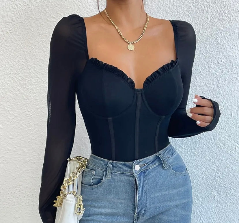 Women Sexy Solid Color Full Sleeve Ruffled Bodysuit Top