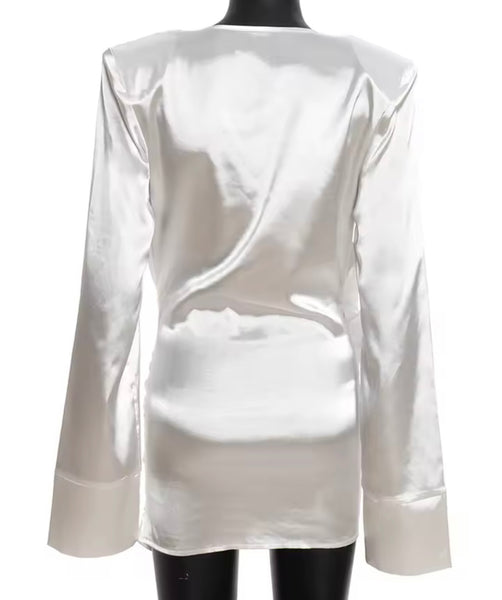 Women Sexy Deep V-Neck Ruche Full Sleeve Dress